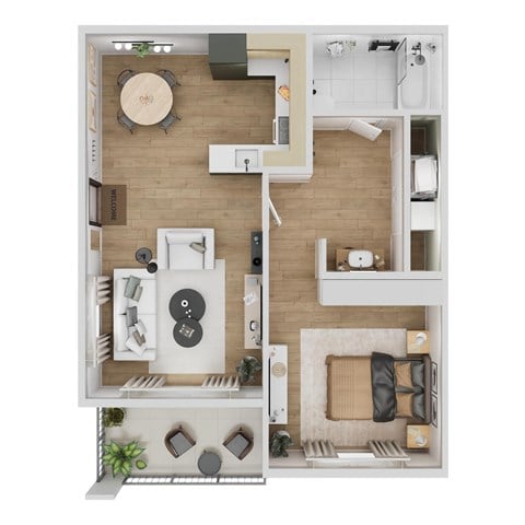Floor plan for 1 bed, 1 bath, 701 sqft